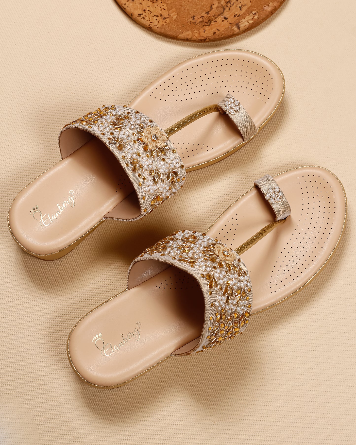 Elanberg Golden Embellished T-Strap Heels