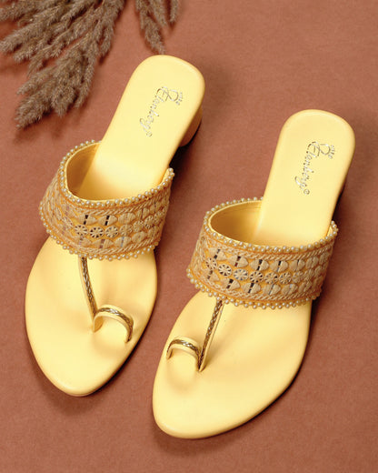 Elanberg Yellow T-Strap Slip-On Heels