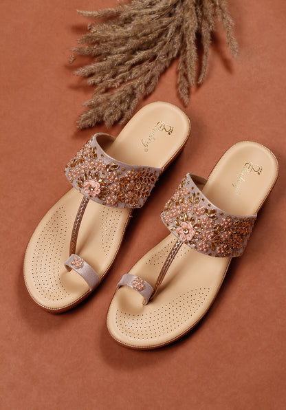 Elanberg Rose Gold Beaded T-Strap Heels