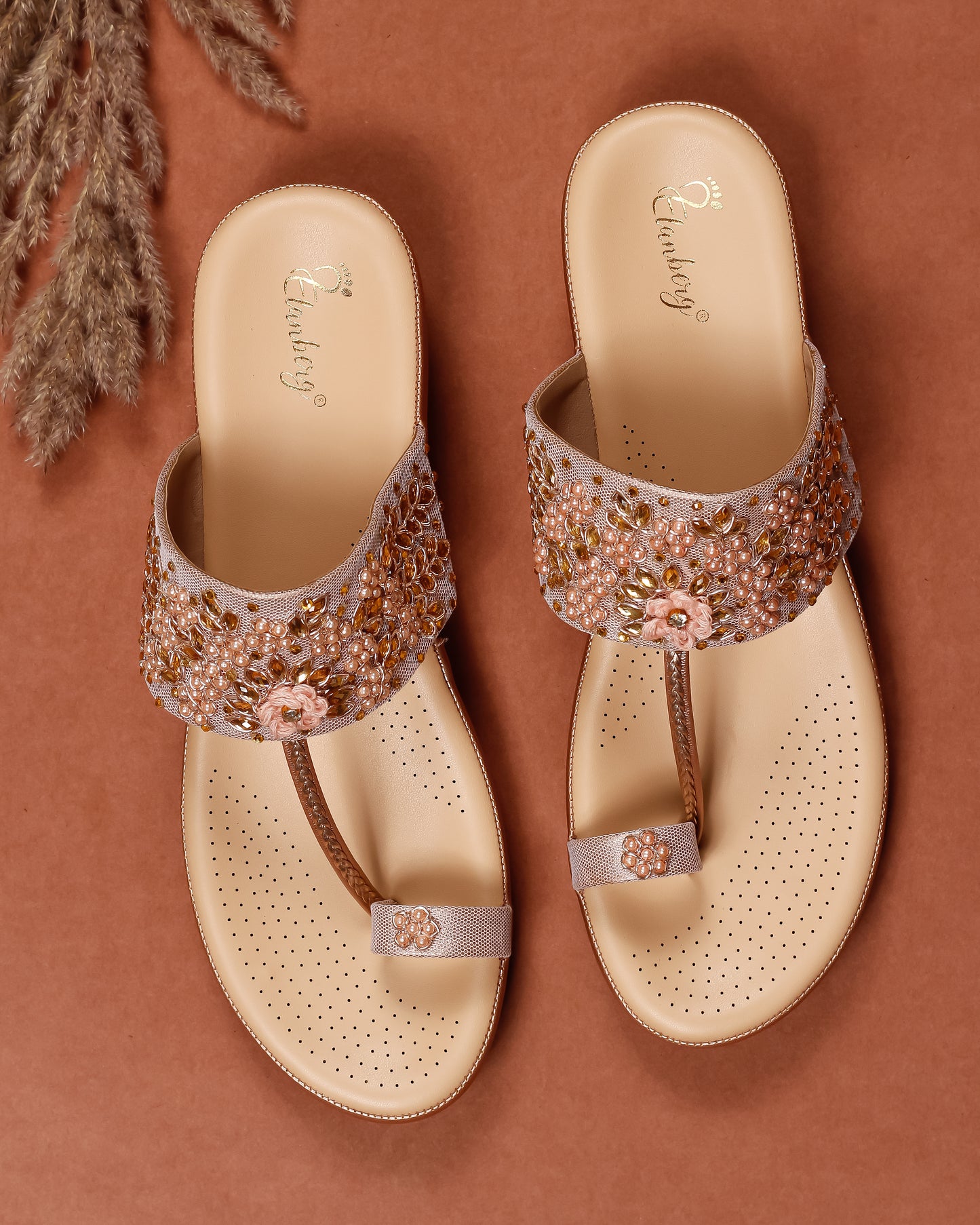 Elanberg Rose Gold Beaded T-Strap Heels