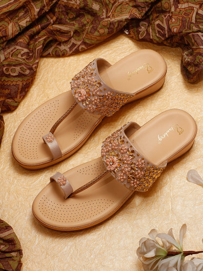 Elanberg Rose Gold Beaded T-Strap Heels