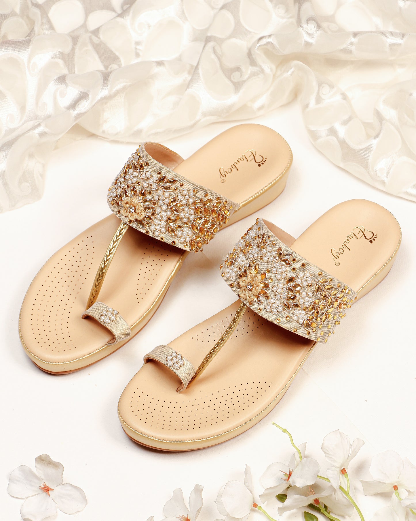 Elanberg Golden Embellished T-Strap Heels