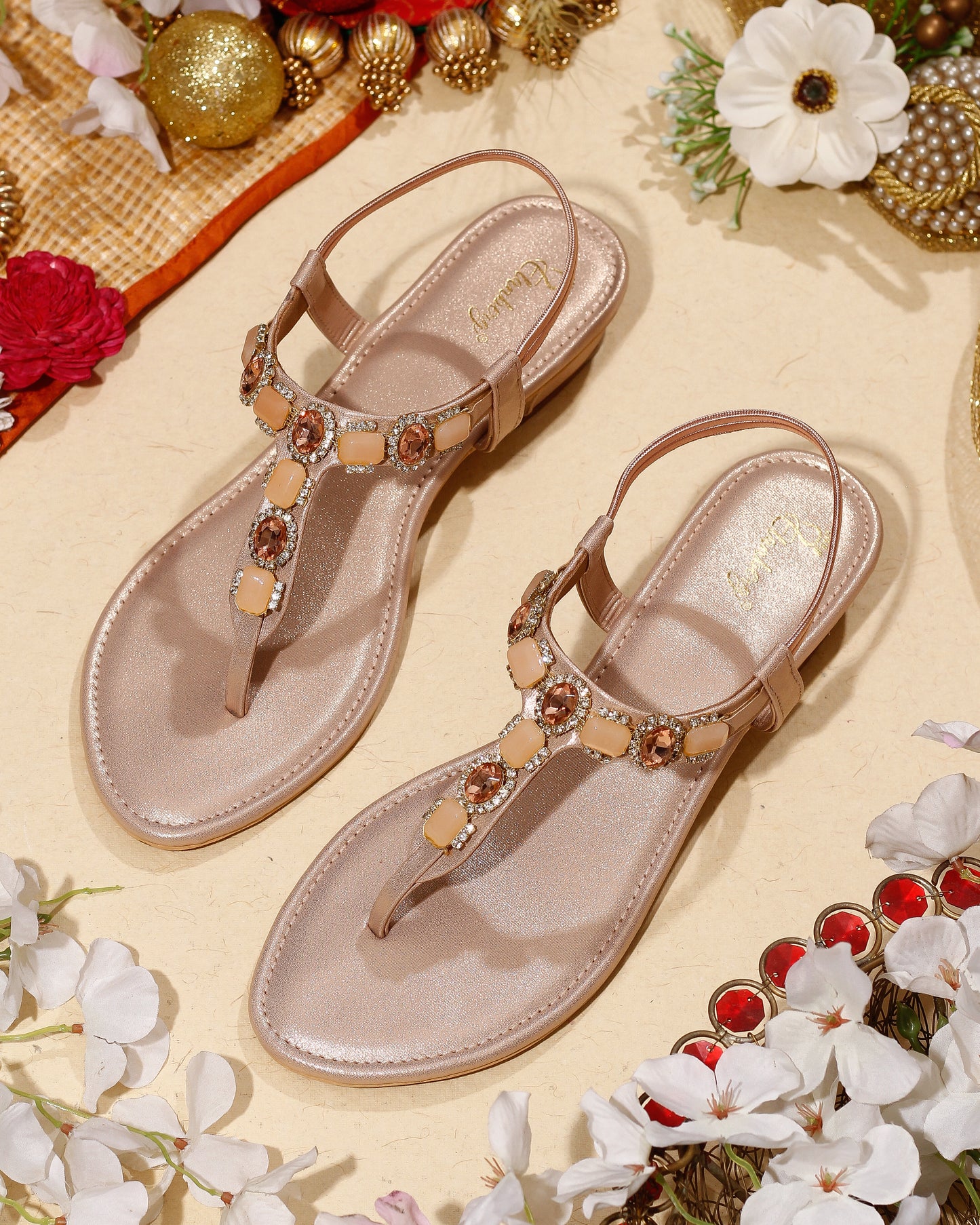 Elanberg Rose Gold Stone-Embellished Sandals