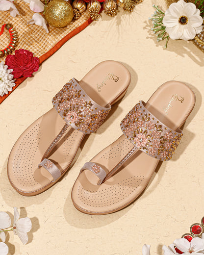 Elanberg Rose Gold Beaded T-Strap Heels