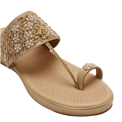 Elanberg Golden Embellished T-Strap Heels