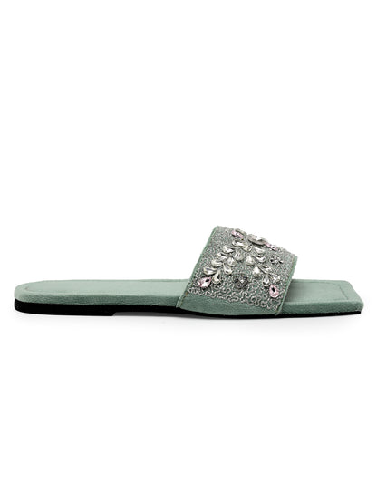 ELANBERG Green Open Toe Slip-On Flats