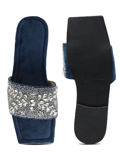 ELANBERG Navy Blue Open Toe Slip-On Flats