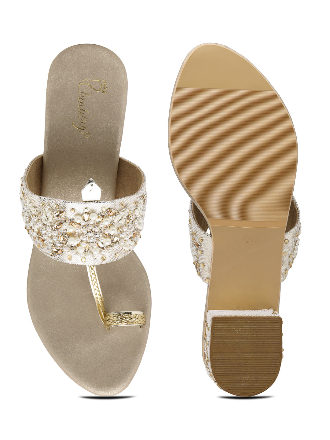 ELANBERG Crystal white T-Strap Slip-On Heels