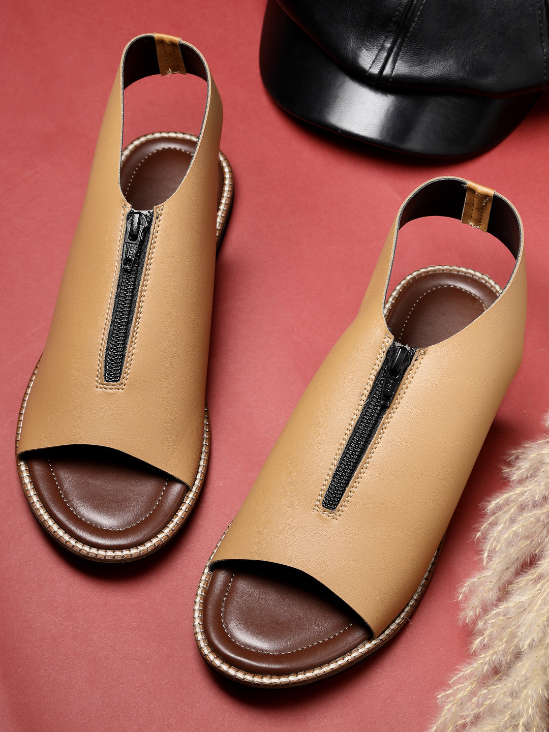 ELANBERG Tan  Mules Backstrap Flats