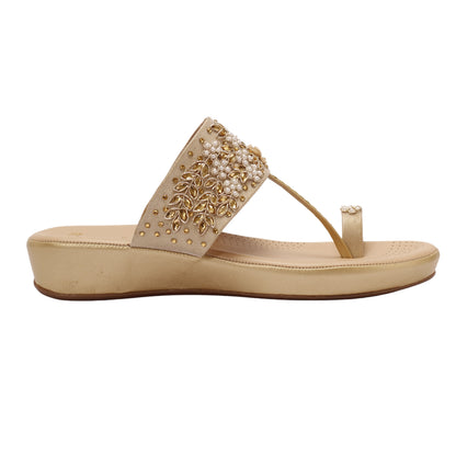 Elanberg Golden Embellished T-Strap Heels