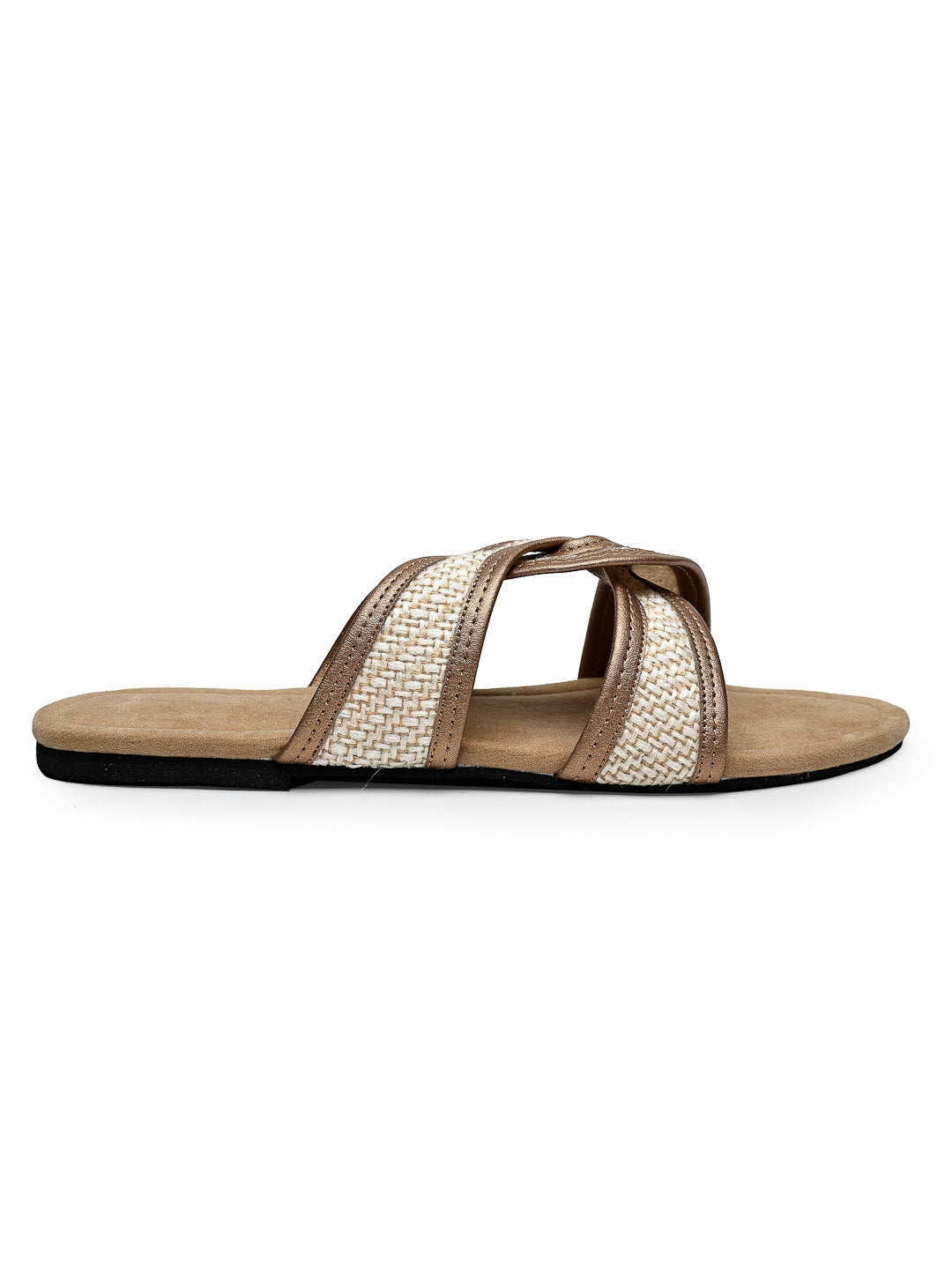 Beige Textured Flats with Crossover Strap