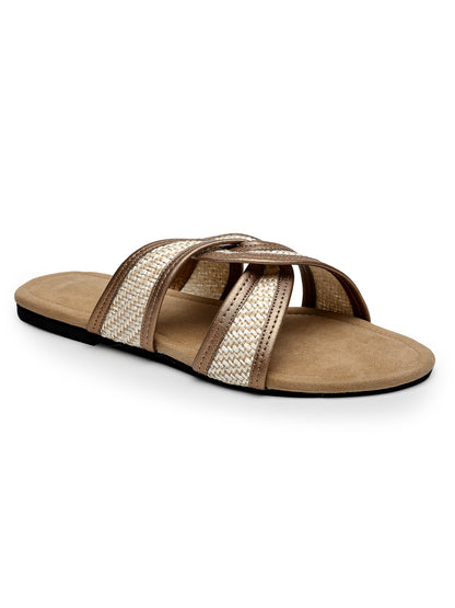 Beige Textured Flats with Crossover Strap