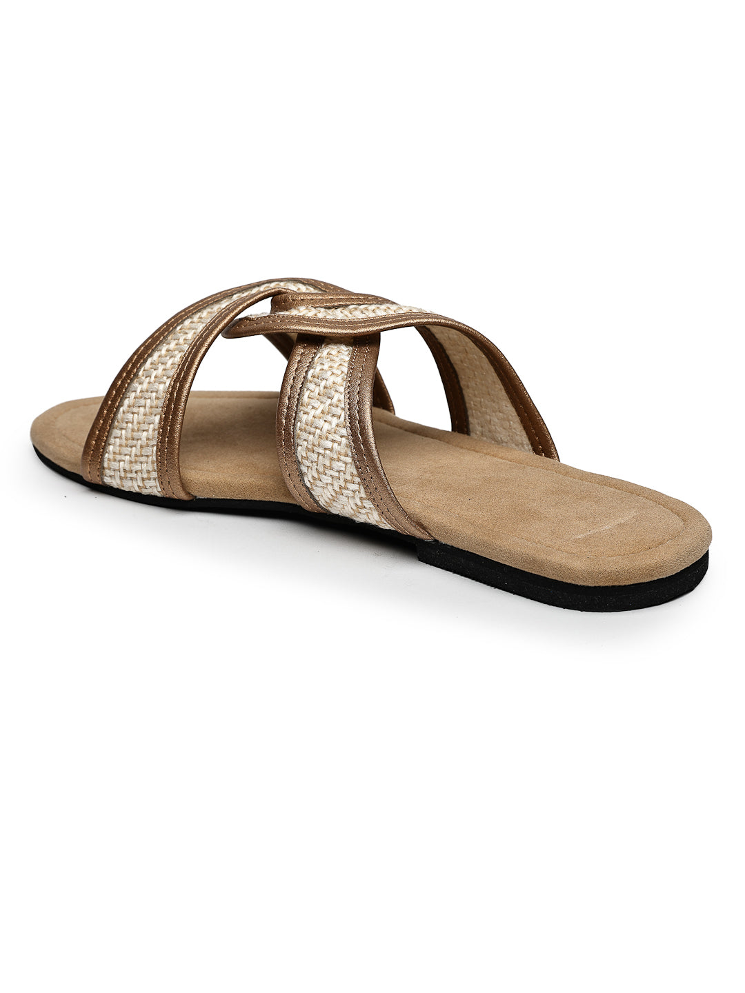 Beige Textured Flats with Crossover Strap