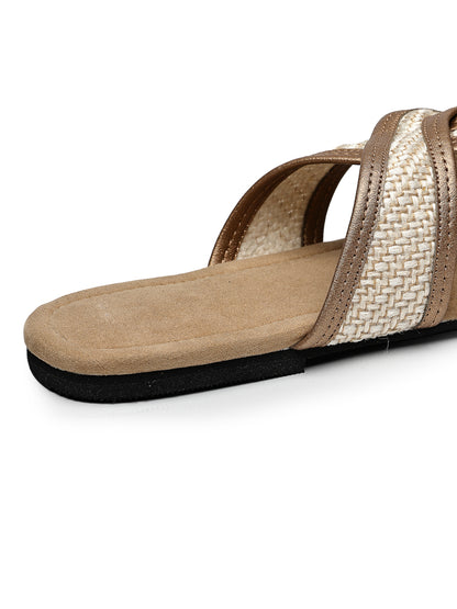 Beige Textured Flats with Crossover Strap