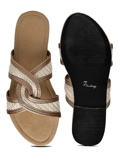 Beige Textured Flats with Crossover Strap