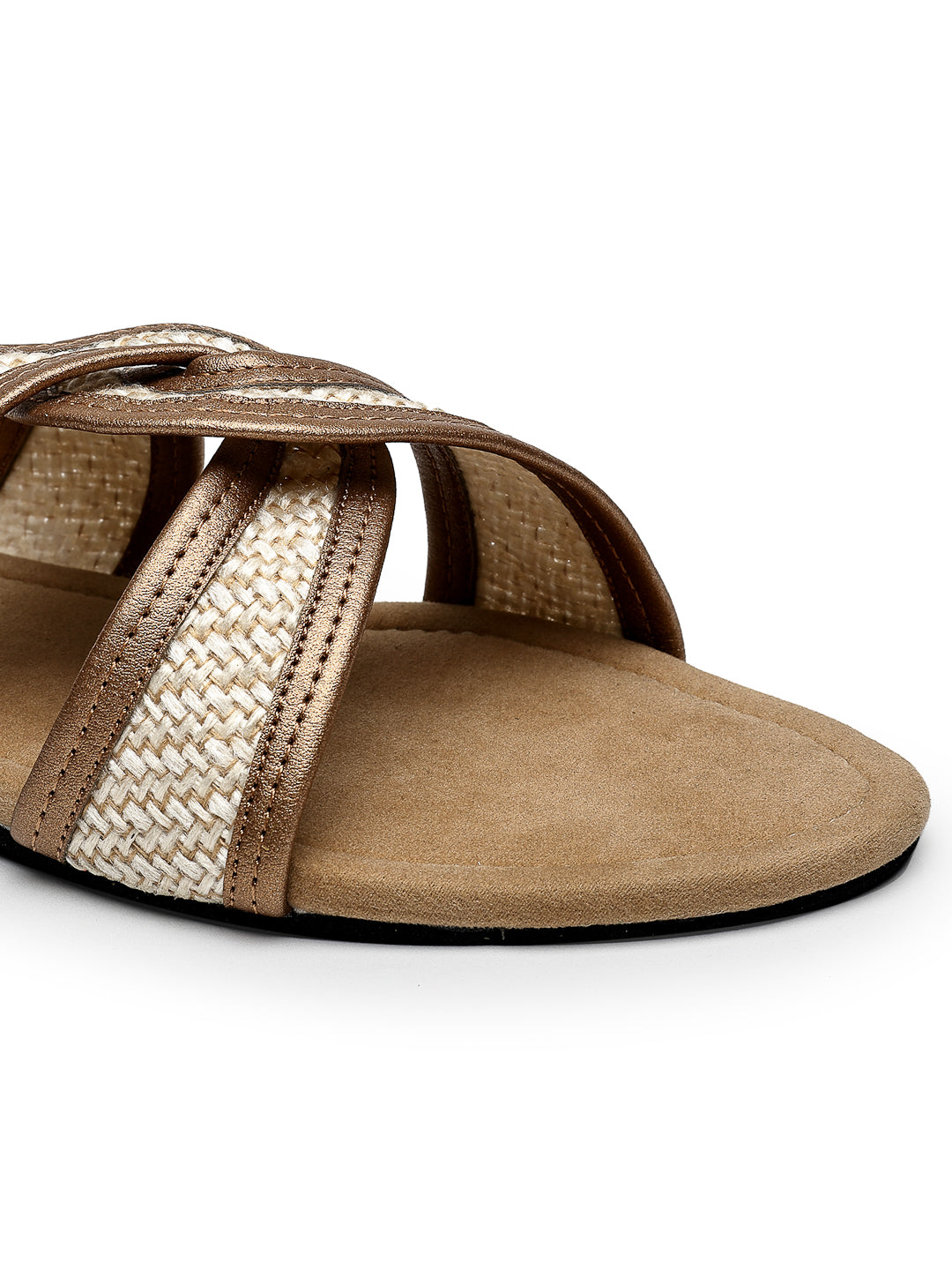 Beige Textured Flats with Crossover Strap