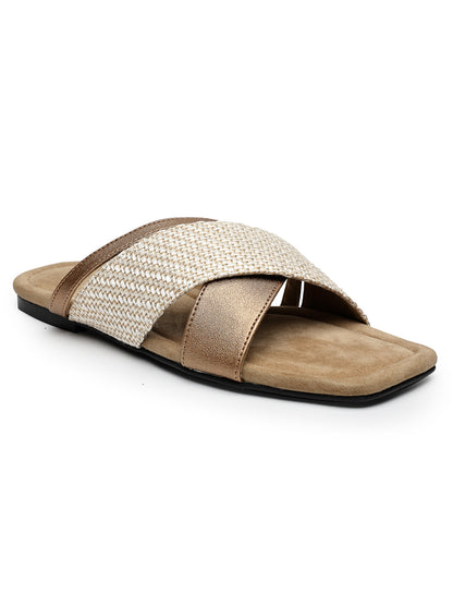 Beige Slip-On Flats With Crossover Strap