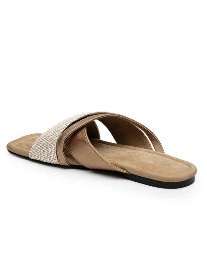 Beige Slip-On Flats With Crossover Strap