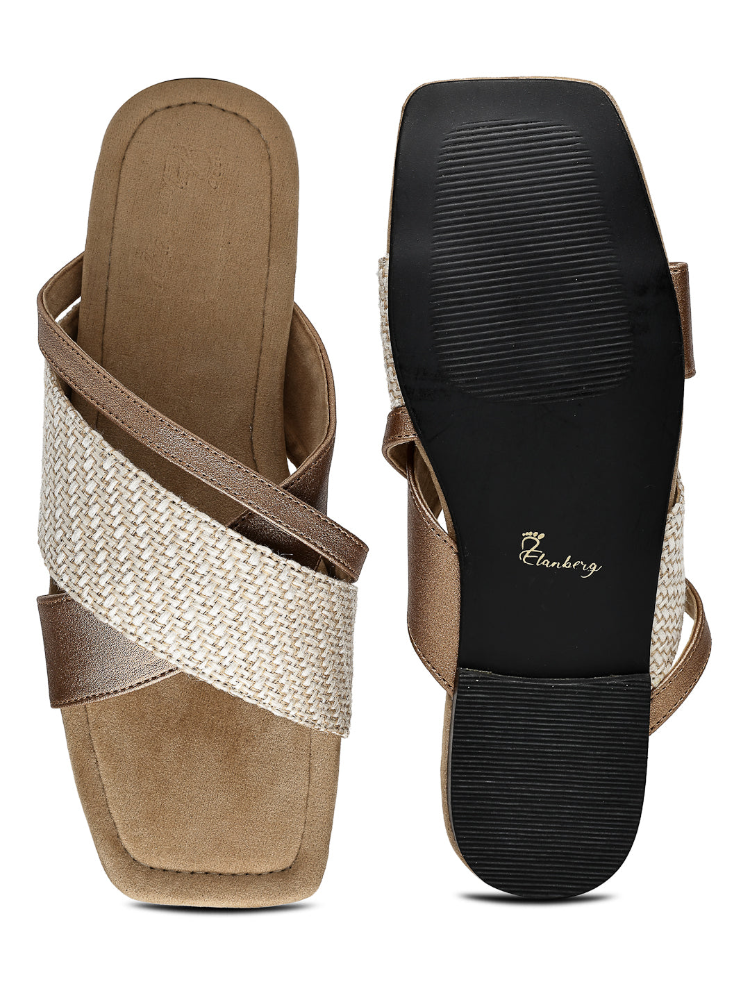 Beige Slip-On Flats With Crossover Strap