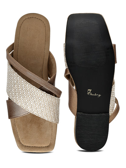 Beige Slip-On Flats With Crossover Strap