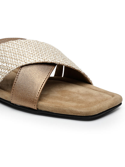 Beige Slip-On Flats With Crossover Strap