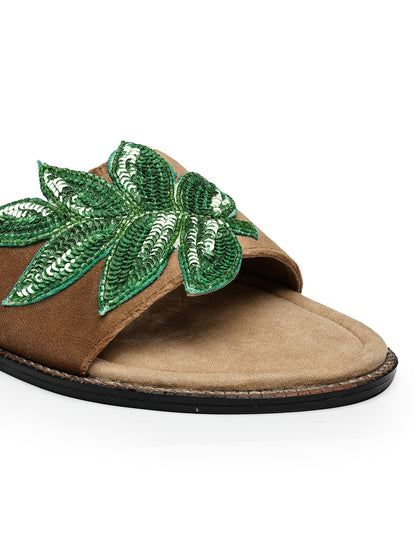 Open-Toe Flats with Embellished Green Leaf Detail