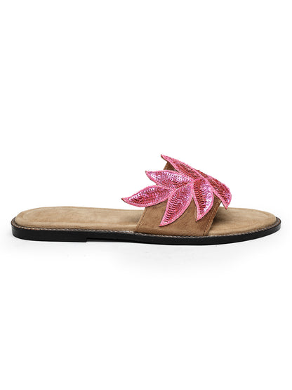 Open-Toe Flats with Embellished Pink Leaf Detail