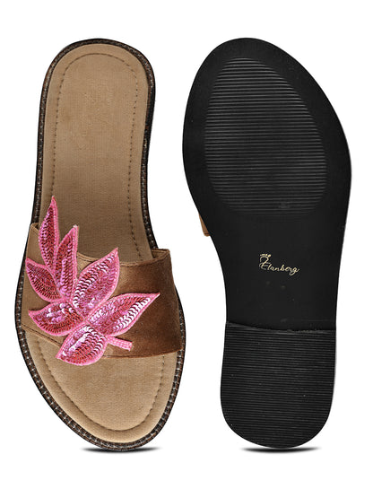 Open-Toe Flats with Embellished Pink Leaf Detail