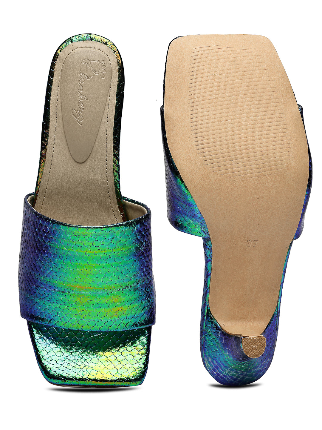 Green Hologram Square-Toe Heels