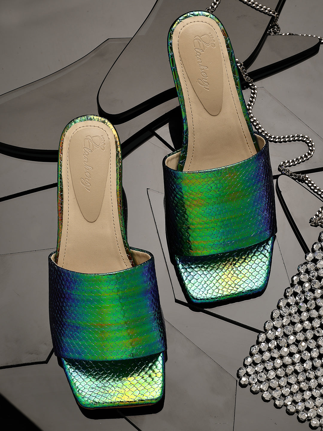 Green Hologram Square-Toe Heels