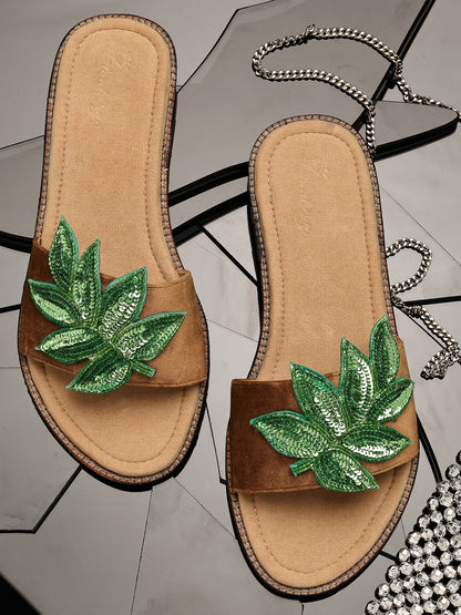 Open-Toe Flats with Embellished Green Leaf Detail