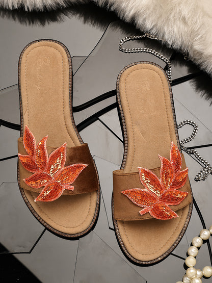 Open-Toe Flats with Embellished Orange Leaf Detail