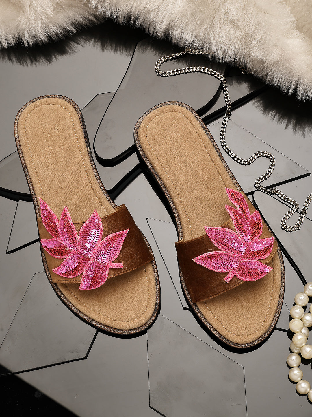 Open-Toe Flats with Embellished Pink Leaf Detail