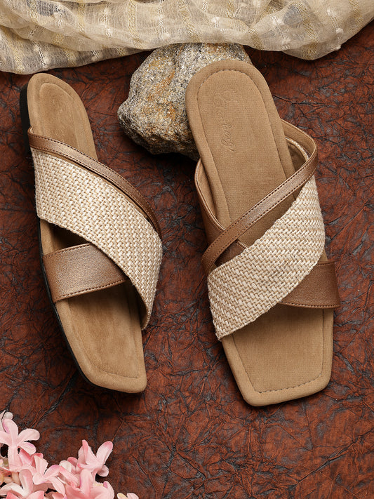 Beige Slip-On Flats With Crossover Strap