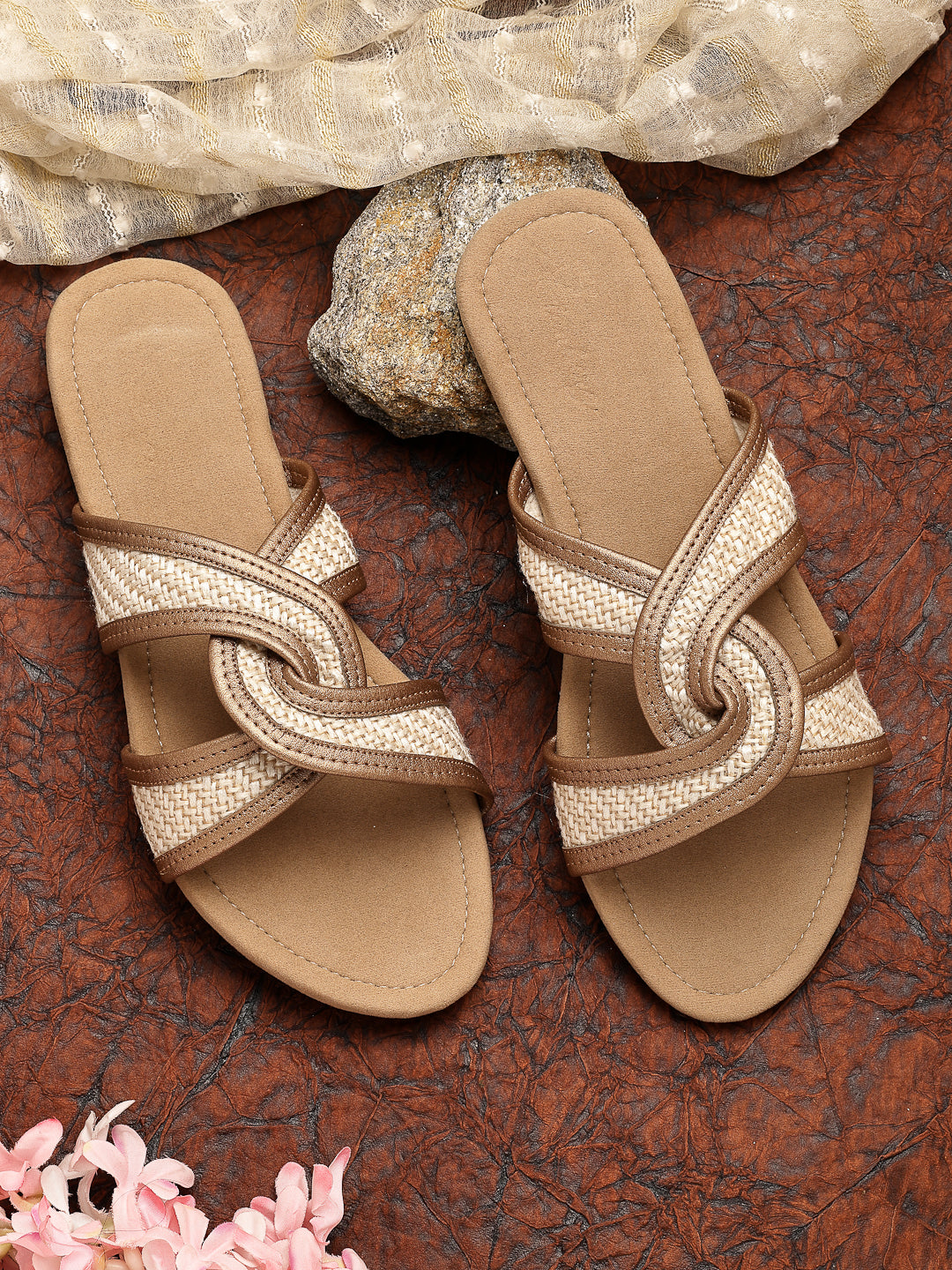 Beige Textured Flats with Crossover Strap